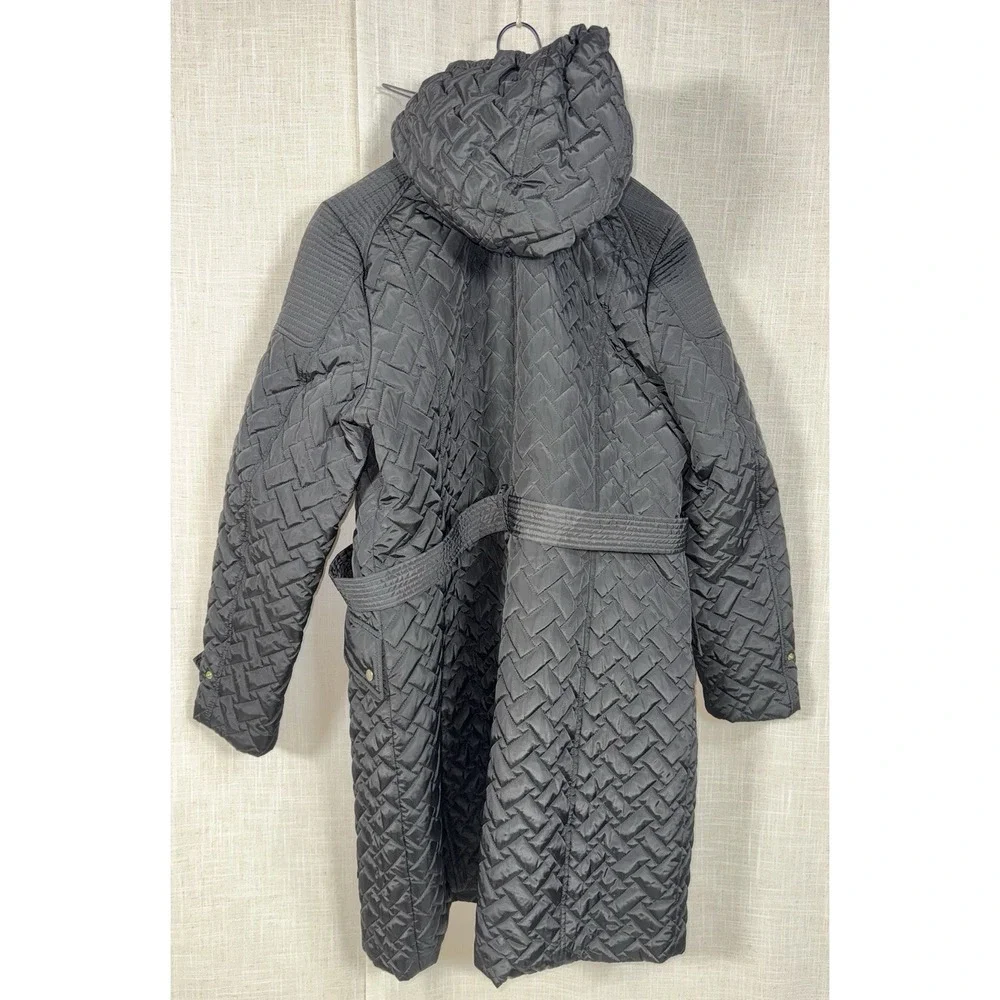 Cole Haan Signature Women's XL‎ Quilted Jacket Coat Black Belted Belt Long Hood